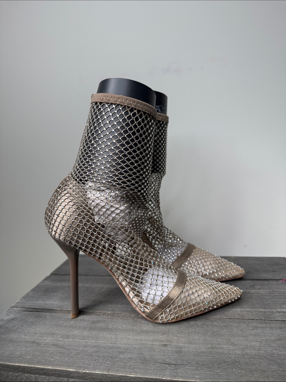 Shoe Dazzle Taupe Metallic Mesh Pointed-Toe Stiletto Booties